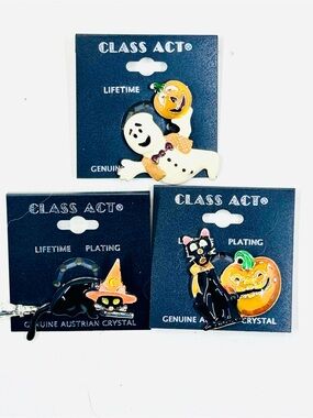 Class Act Halloween Brooch/Scatter Pin Set Black Cat on Broom Pumpkin Ghost NWT